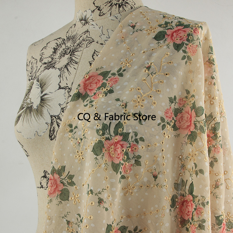 Embroidery Rose - 新作バラ柄刺繍プリントシフォン生地婦人服子供服ワンピース生地