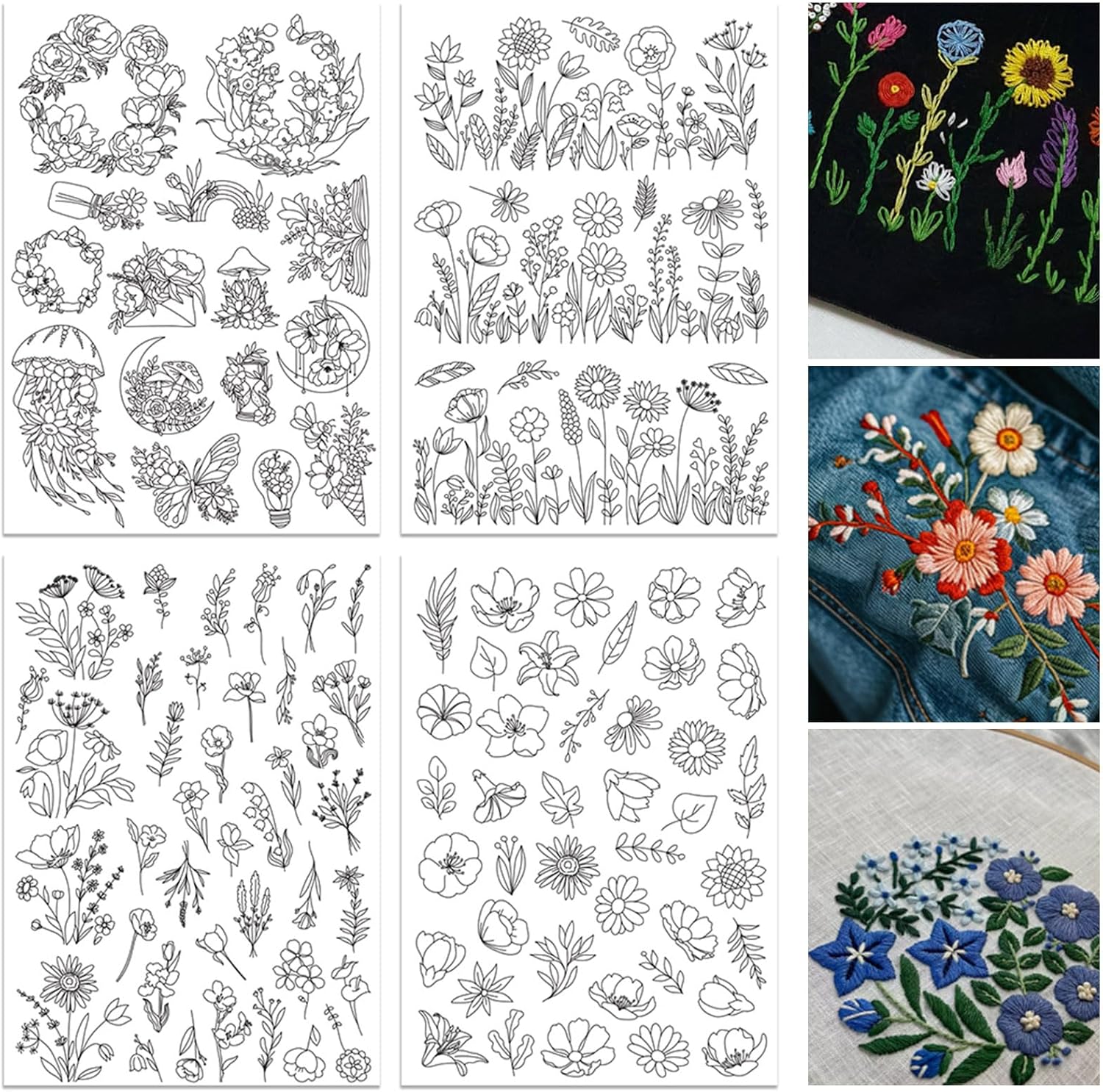 Embroidery Meaning - 4 シート水溶性刺繍パターンスタビライザー事前印刷された花柄スティック & ステッチ刺繍紙手縫い愛好家のため
