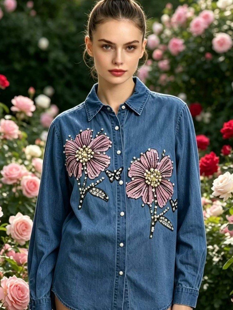 Embroidery Cotton Shirt - 女性デニム刺繍ブラウス春秋長袖女性ブラウスシャツオフィスエレガントなワークシャツトップ Blusas Mujer De Moda