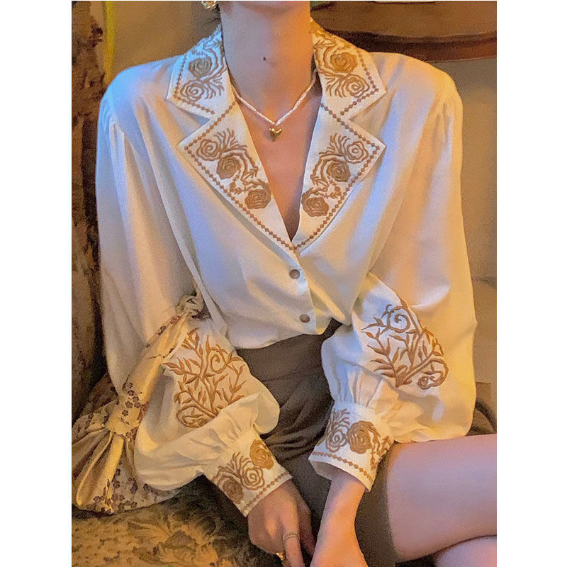 Embroidery Cotton Shirt - 女性の刺繍入りブラウス,レトロなシャツ,トップ