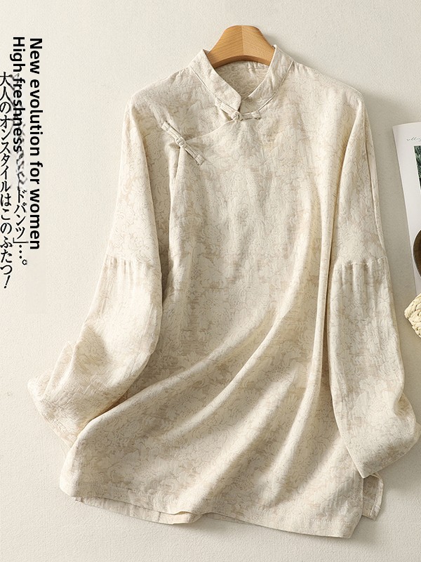 Embroidery Cotton Shirt - レトロ花柄刺繍コットンリネンシャツオーバーサイズレディースファッションサイドボタンスタンドカラーミディ丈ティーコスチュームトップ