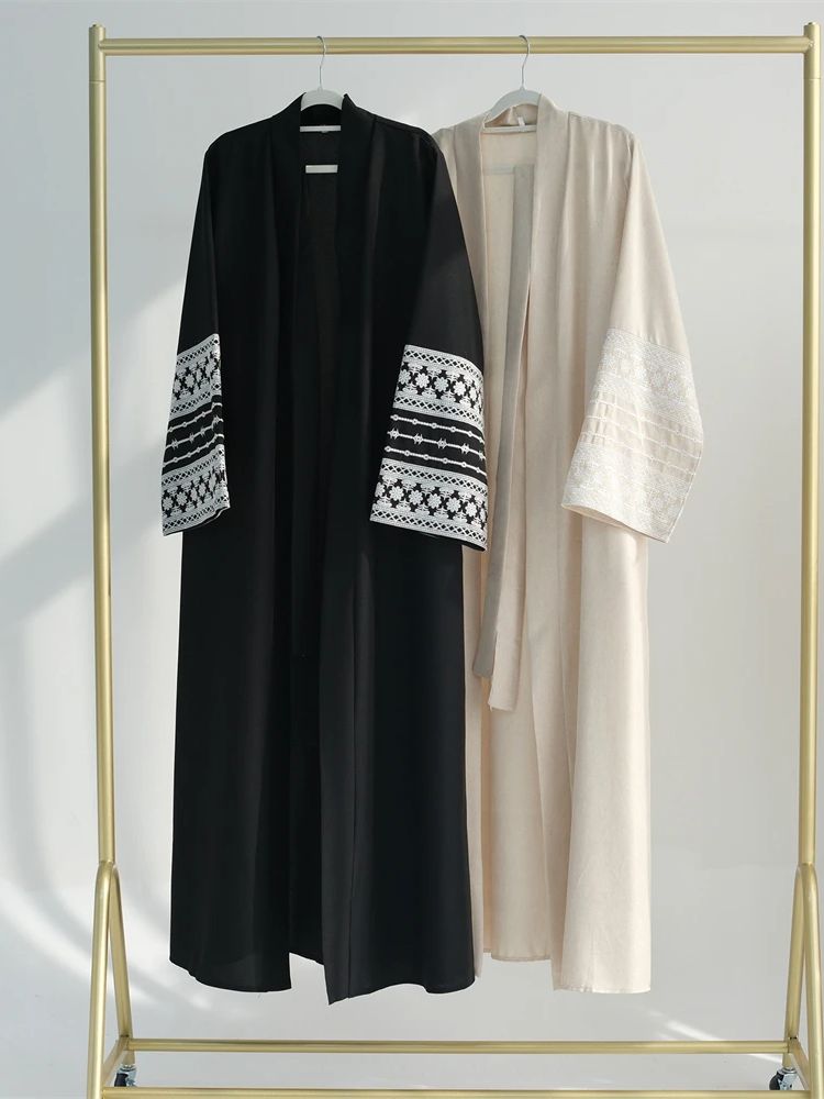 Embroidery Kebaya - ラマダンイード黒オープン着物アバヤダーメンドバイイスラム教徒カフタンドレス祈りの服女性ケバヤローブファム Musulmane