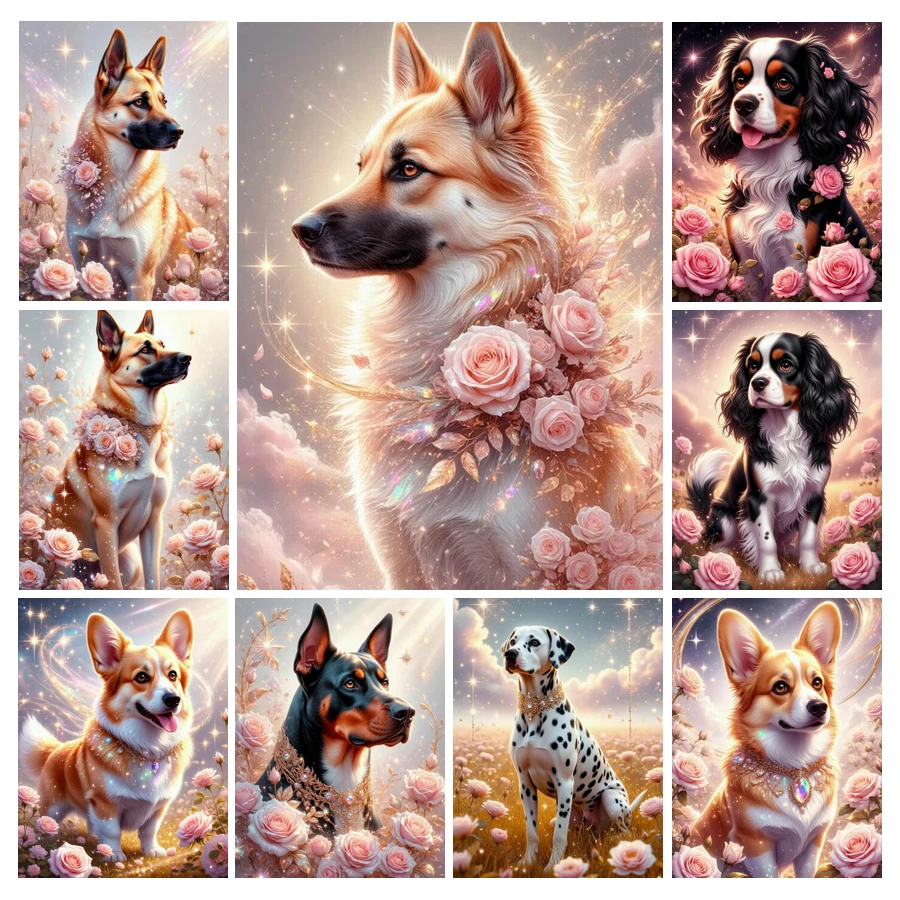 Embroidery Rose - かわいい犬と花のダイヤモンドペイント、2026年新コレクション。ペット、動物、バラをモチーフにしたDIY手芸、フルモザイク刺繍画。サイズは[サイズをここに記載]。