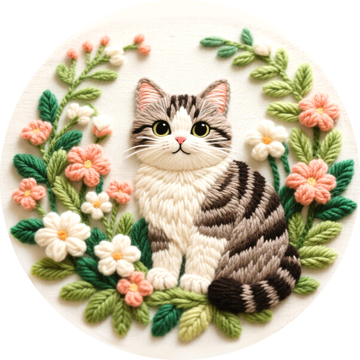 DIY手刺繍キット、グレーの猫と花の模様、高品質の糸と針、大 - Embroidery Meaning のレビューと価格