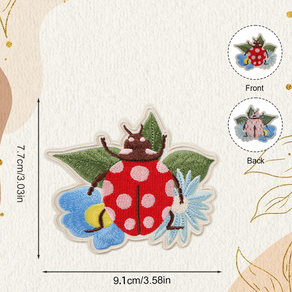 1個入り、夏らしいテントウムシの花柄刺繍ワッペン。昆虫をモチ - Embroidery Lady Bug のレビューと価格