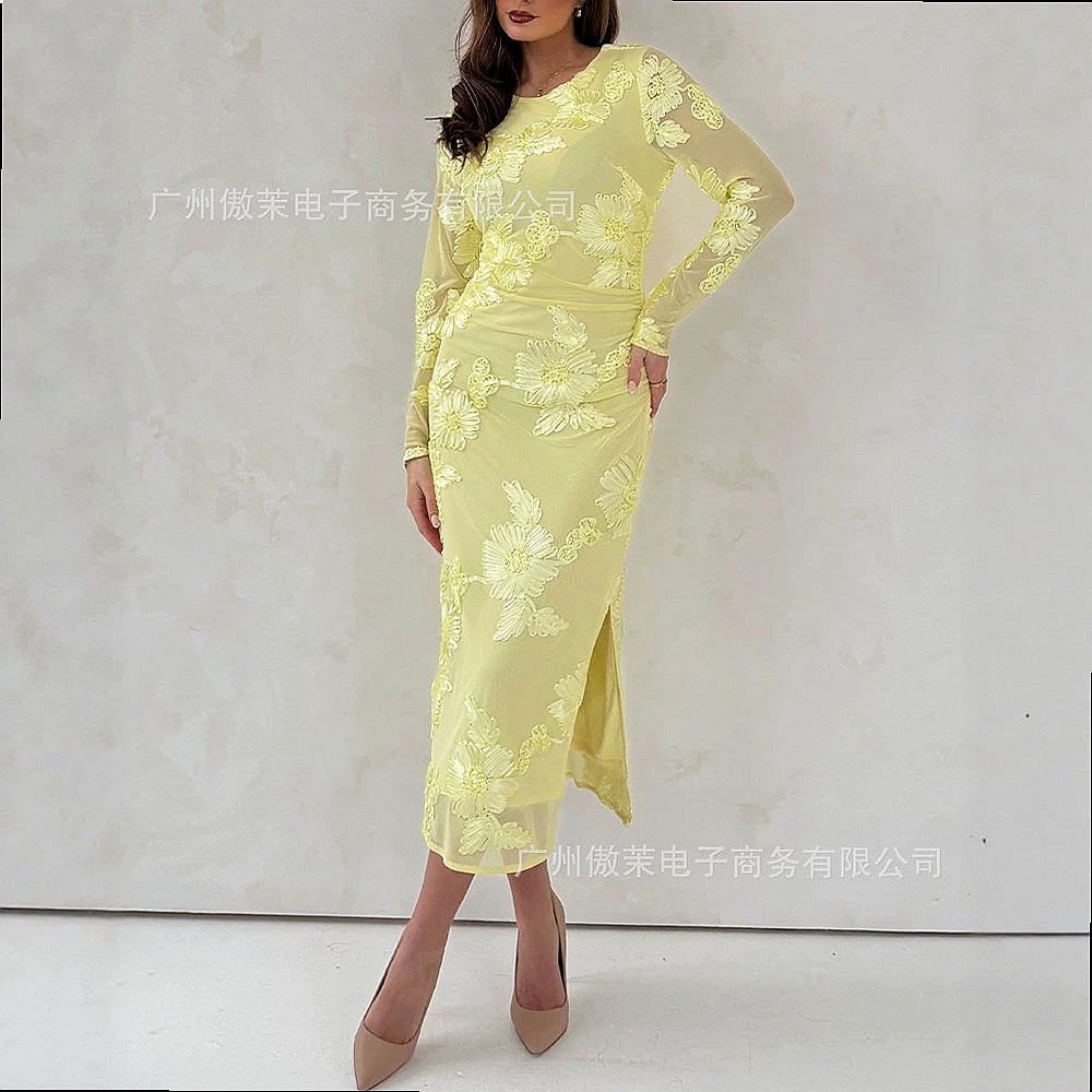 鮮やかな黄色の3Dフラワー刺繍メッシュボディコンドレス、夏の - Embroidery Yellow Dress のレビューと価格