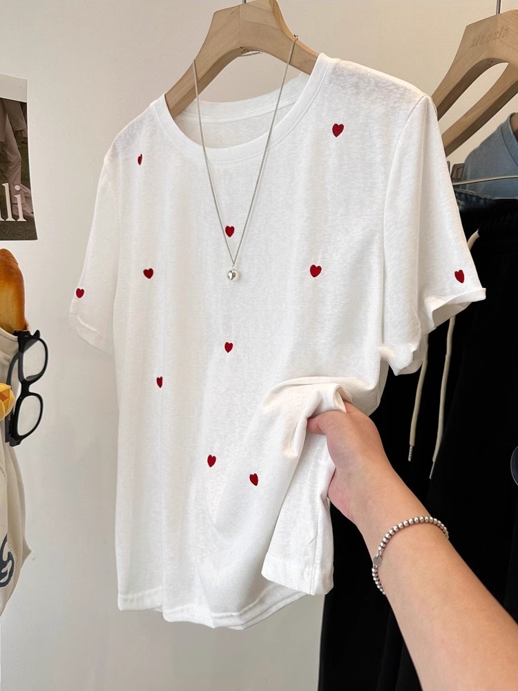 プラスサイズ 240 ポンド ラブ刺繍半袖レディース夏ルーズ - Embroidery Cotton Shirt のレビューと価格