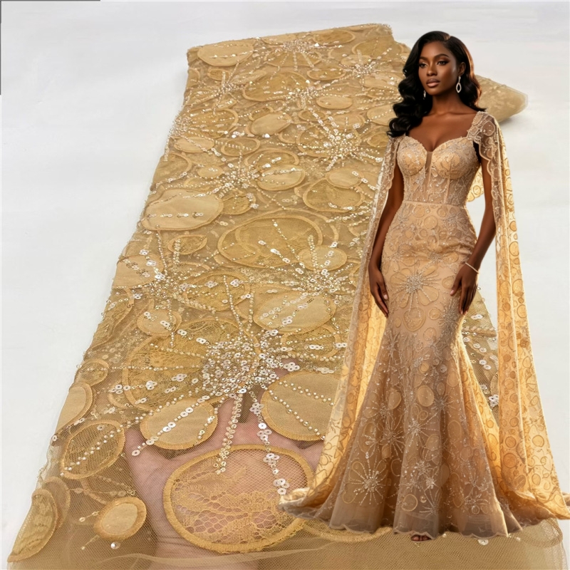 高級アフリカ風スパンコール刺繍入りイエローのレース生地。5ヤ - Embroidery Yellow Dress のレビューと価格